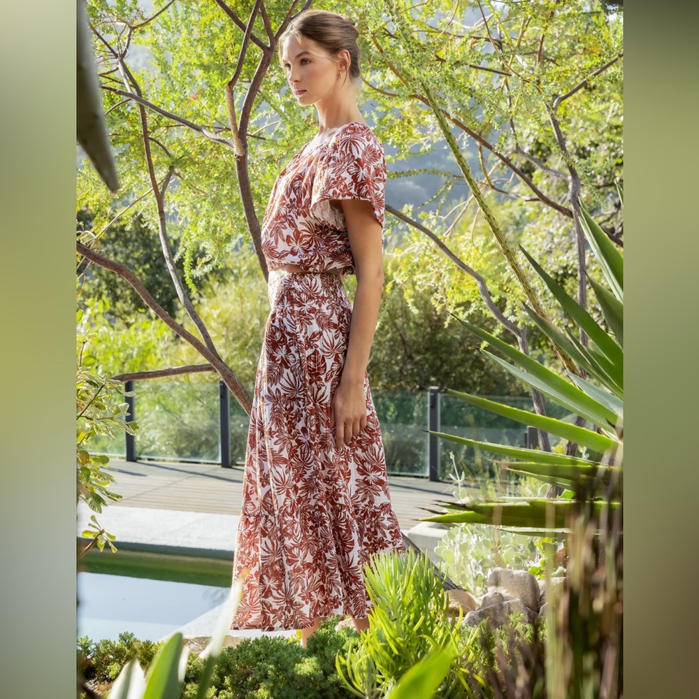 Burnt Orange Floral Print Maxi Skirt and Top